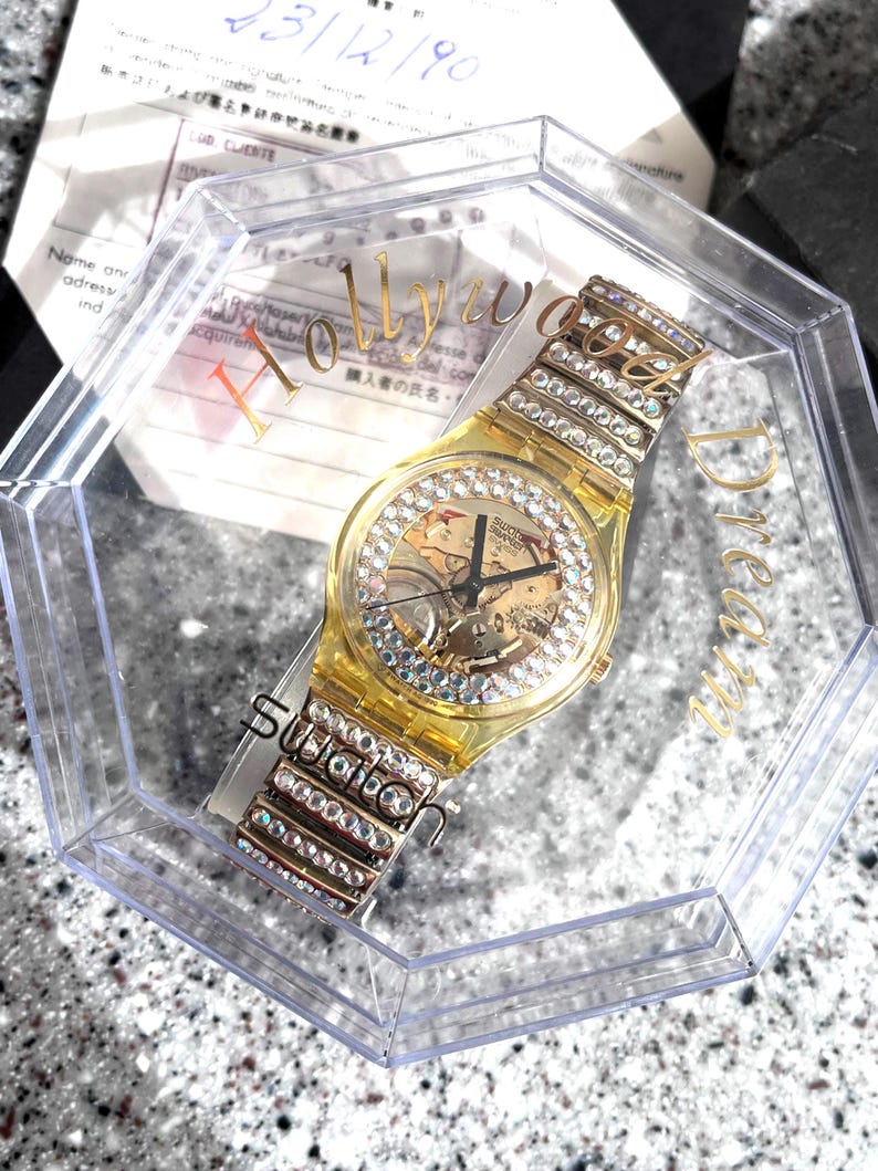 1990 Christmas Special Hollywood Dream GZ116 in original box battery running unworn NEW small flexible band crystal fabulous swatch 34mm image 4