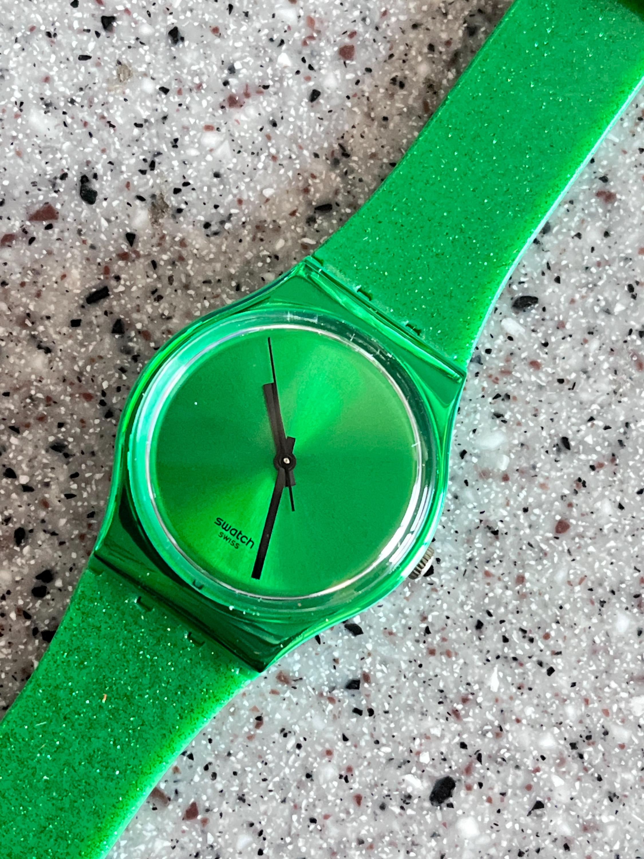 Swatch Watch Unworn in Box With Battery GREEN Glittery Perfect