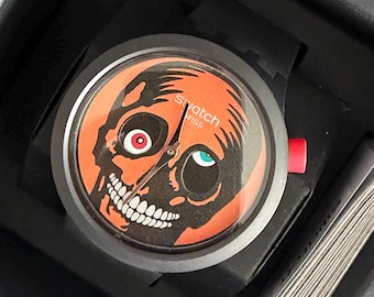 NEW Swatch Watch BIG BOLD Its spooky time moving eyes Bioceramic limited edition in box with battery running well 47mm large face