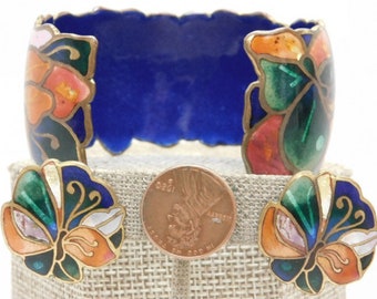 David Kuo Vintage signed colorful enameled CHAMPLEVE cuff and earrings