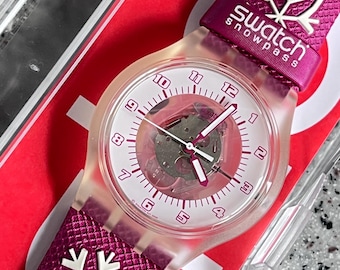 Reloj Swatch Vintage Sin usar en caja con pila Jelly in Jelly Snowpass correa de cuero/textil Swatch poco común Pink in Pink esfera de 38 mm excelente Swatch