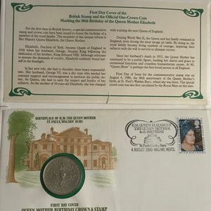 Antique First Day cover presentation case Postal Commemorative and Mint sterling 925 solid coin celebrating Queen Mum’s 80th Birthday