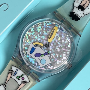 NEW never worn 1999 rare vintage Swatch Gent WHITE WEDDING GV110pack with &quot;I do&quot; theme bride and groom 34mm swatch with battery in box