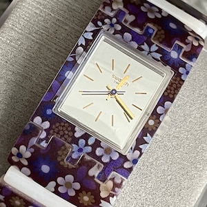 Lady Violet square swatch watch resin flexible plastic links in original box with battery never worn NEW running a pretty and RARE swatch