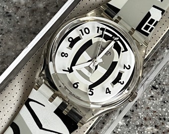 NEUE ungetragene Swatch Vintage Uhr 1993 34 mm Perspektive GK169 erinnert mich an Escher ein tolles Muster funktioniert mit Batterie in Box