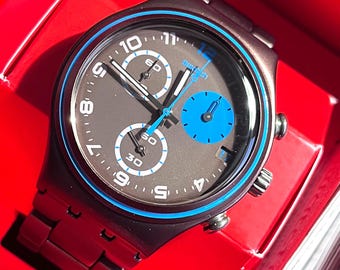 Aluminum Swatch Watch Chronograph Blauer Fleck NEW never worn in original box with battery working great beautiful brown and blue design
