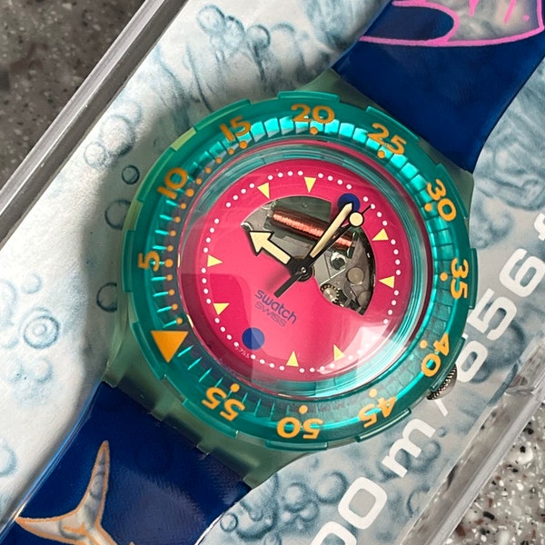 Vintage Swatch Watch Happy Fish SDN101 New Old Stock never worn in original box with battery fish, sharks, ocean diving scuba early swatch