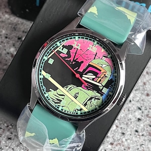 Star Wars Fossil Watch Boba Fett Never Worn in box battery, running numbered collectible COA in tin papers plastic flexible band fabulous