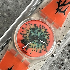 Reloj Swatch Anemone Vintage 1997 Quartz Gent Originals GK902 Reloj de pulsera suizo Correa con diseño gráfico psicodélico Naranja Loomi Light 34 mm