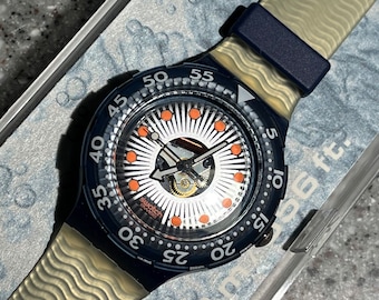 Vintage Scuba Swatch Watch Silver Trace SDN107 Never Worn in Box