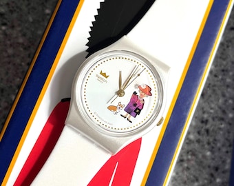 Swatch Watch How Majestic Queen Elizabeths 70 year Jubilee celebration 34mm, brand new, battery, box, paperwork and crown with Corgi dog