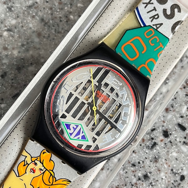 Vintage Big Enuff Swatch Watch GB151 original gents size 34mm 1992 Mobile, Shell Oil, Esso, new with battery in original box new old stock
