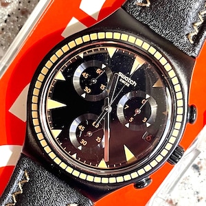 Swatch Watch CHRONOGRAPH Chrono Black Species YCB4024 New never worn in box with battery running well stitched leather band great deal!