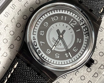 Art Deco Swatch Vintage stopwatch ZELDZAME Black Deco 34 mm SSM101 zwarte leren band ongedragen in originele doos met batterij fantastisch