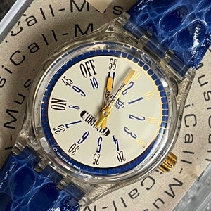 Vintage Swatch Watch NEW 1994 Call Up SLK105 34mm Philip Glass Musicall or Musical swatch watch blue leather strap working battery in box