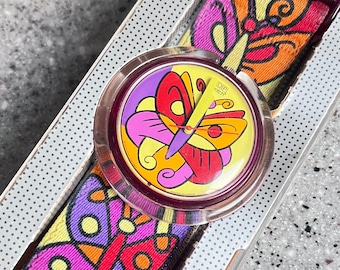 Vintage usado en buen estado Swatch POP Farfalla Butterfly 1994 con caja, batería nueva y funcionando fabuloso reloj colorido falta bucle