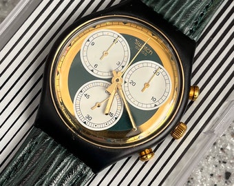 1990 Chronograph chrono hunter green and gold swatch watch early vintage running with battery in box never worn 37mm face leather band