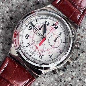Chronograph swiss swatch watch leather band NEW never worn called Back to the ROOTS fabulous 42mm dial red black and white details running