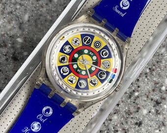 Swatch Watch Vintage called Oracolo GZ151 34mm face in special packaging never worn with battery running from 1993 symbolic and tarot type
