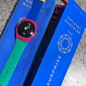 1994 Rare Club Swatch Watch NOS Crystal Surprise unworn mint 34mm domed face with battery running comes in collector pack with suede satchel