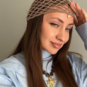 Beige crochet hat, cotton crochet beanie, mesh skull cap, hair net, knitted summer beanie