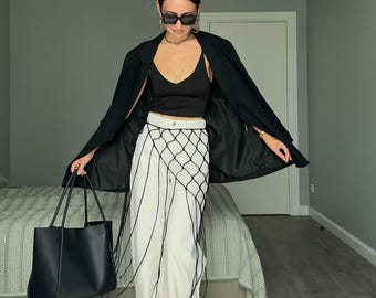 Macrame cover up skirt – Handcrafted festival outfits. Black mesh crochet flowy maxi skirt