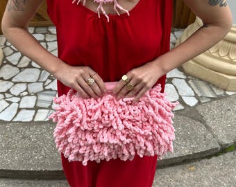 Bolso de punto rosa, bolso acolchado grueso, bolso acolchado mullido, bolso de mano texturizado, bolso de punto grueso