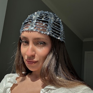 Blue crochet cap, crochet mesh hat, glitter skull cap, skull cap beanie crochet, crochet sequin skull cap