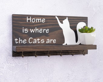 Key holder with shelf, key and mail holder for wall, key holder with cat, shelf with key hooks, cat lovers gift