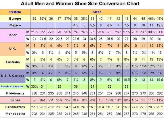 Crochet Shoe Size Chart