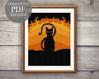 Halloween Cat Cross Stitch Pattern. Halloween Cross Stitch Pdf. Modern Counted Stitch Pattern. Black Cat Design. Pdf Instant Download