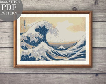 The Great Wave off Kanagawa Katsushika Hokusai Cross Stitch PDF Pattern. Famous Painting Cross Stitch PDF Pattern. Hokusai Embroidery
