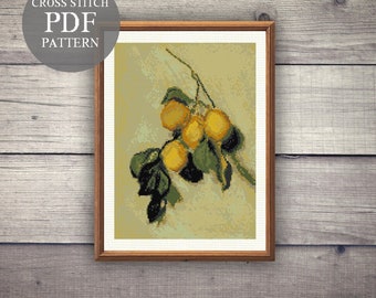 Branch of Lemons Claude Monet Cross Stitch PDF Pattern. Lemon Cross Stitch PDF. Famous Painting Cross Stitch PDF Pattern. Monet Embroidery