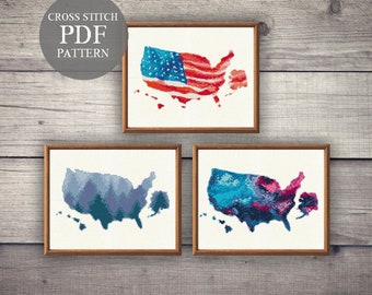 3 USA Map Cross Stitch Patterns Set. Map Cross Stitch Pdf. Modern Counted Stitch Pattern. USA Map Design. Pdf Instant Download. USA Xstitch