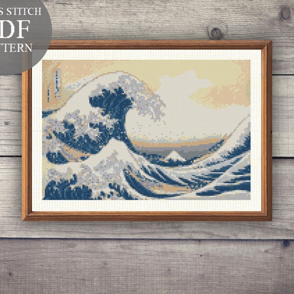 La grande vague de Kanagawa, Katsushika Hokusai, modèle PDF au point de croix. Célèbre tableau motif PDF au point de croix. Broderie Hokusai