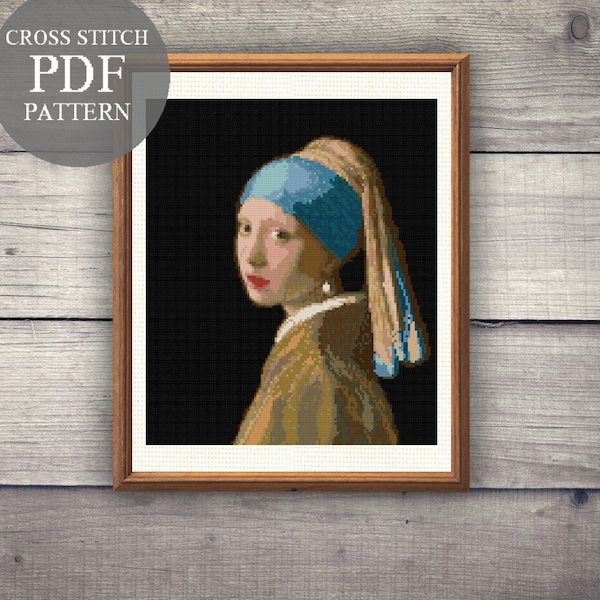 The Girl with a Pearl Earring Johannes Vermeer Cross Stitch Pattern. Woman Cross Stitch Pdf. Famous Painting Cross Stitch Pattern