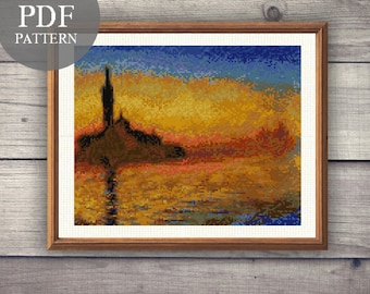 Twilight Venice Claude Monet Cross Stitch Pattern. Sunset Cross Stitch Pdf. Famous Painting Cross Stitch PDF Pattern. Monet Embroidery