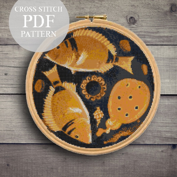 Terracotta Fish Plate Ancient Greek Pottery Cross Stitch Pattern. Fish Cross Stitch Pdf. Ancient Greece Plate Embroidery