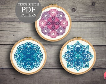 3 Colorful Mandalas Cross Stitch Patterns Set. Mandala Cross Stitch Pdf. Modern Stitch Pattern. Mandala DIY Design. Pdf Instant Download