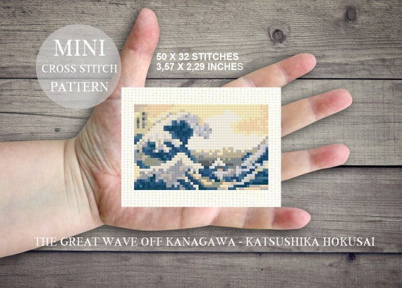 MINI The Great Wave off Kanagawa Hokusai Cross Stitch PDF Pattern. Famous Painting Cross Stitch PDF Pattern. Miniature Hokusai Embroidery