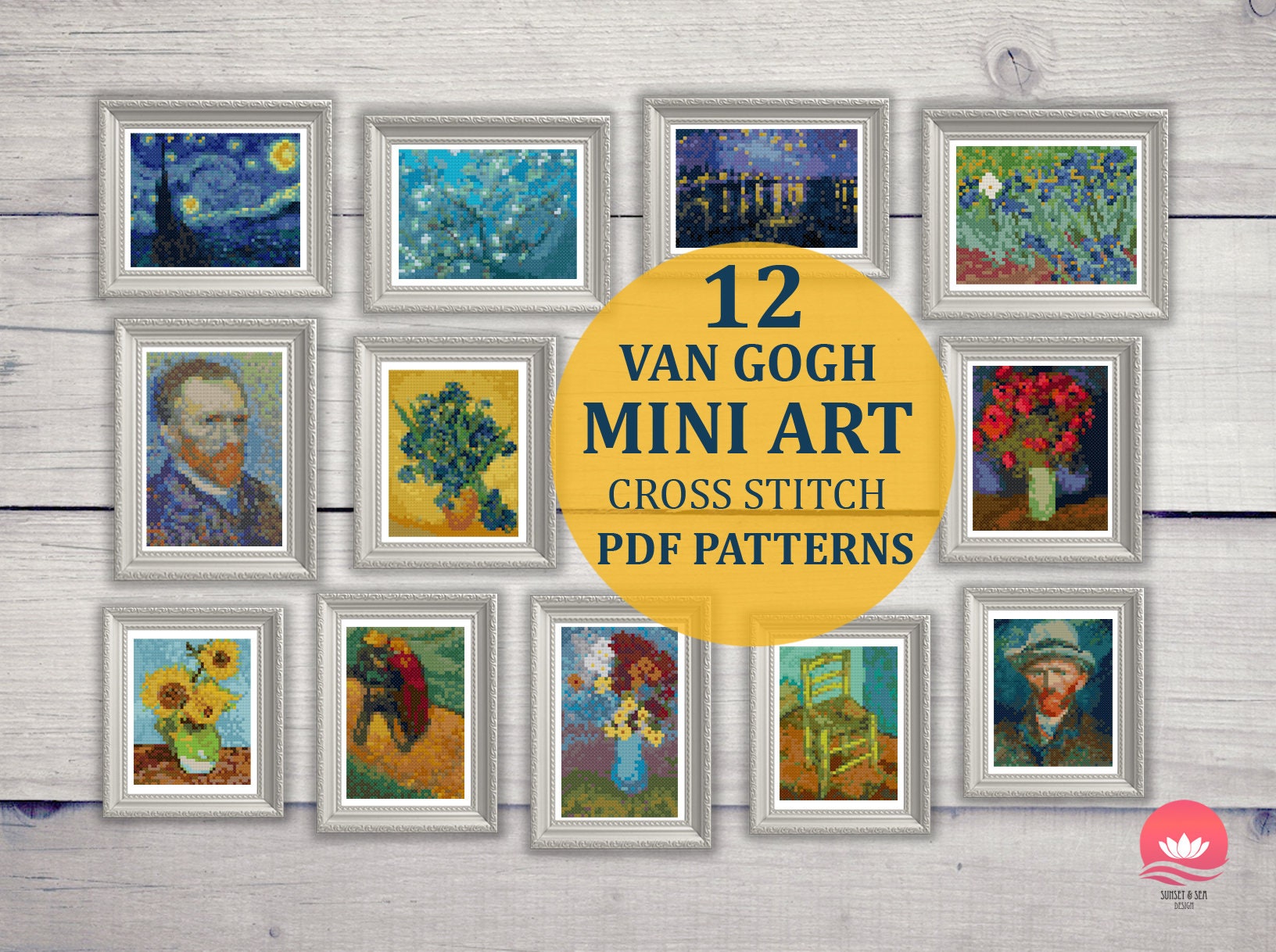Set of 9 Mini Van Gogh Cross Stitch Pattern Modern Tiny Art Starry Night  Over the Rhone Self Portrait Sunflowers wheatfield bedroom 