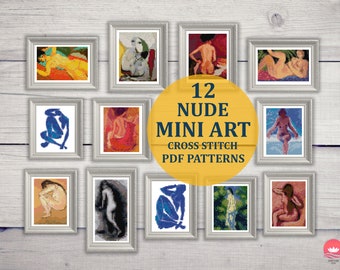 12 Mini Art Naakt kruissteek PDF-patronen Set, Mini Meesterwerken Van Gogh Matisse Modigliani Renoir Munch Degas, Kleine beroemde schilderijen