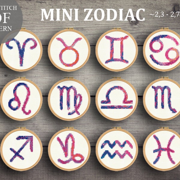 12 MINI Zodiac Cross Stitch Patterns Set. Zodiac Astrology Cross Stitch Pdf. Pisces Aries Leo Cancer Libra Pattern. Miniature Tiny Zodiac