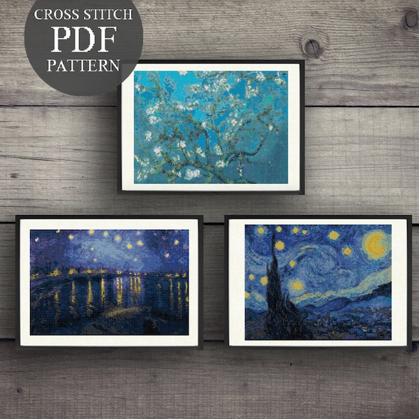 3 Starry Night Almond Blossom Van Gogh Cross Stitch Patterns Set. Starry Night Cross Stitch Pdf. Famous Painting Cross Stitch PDF Pattern