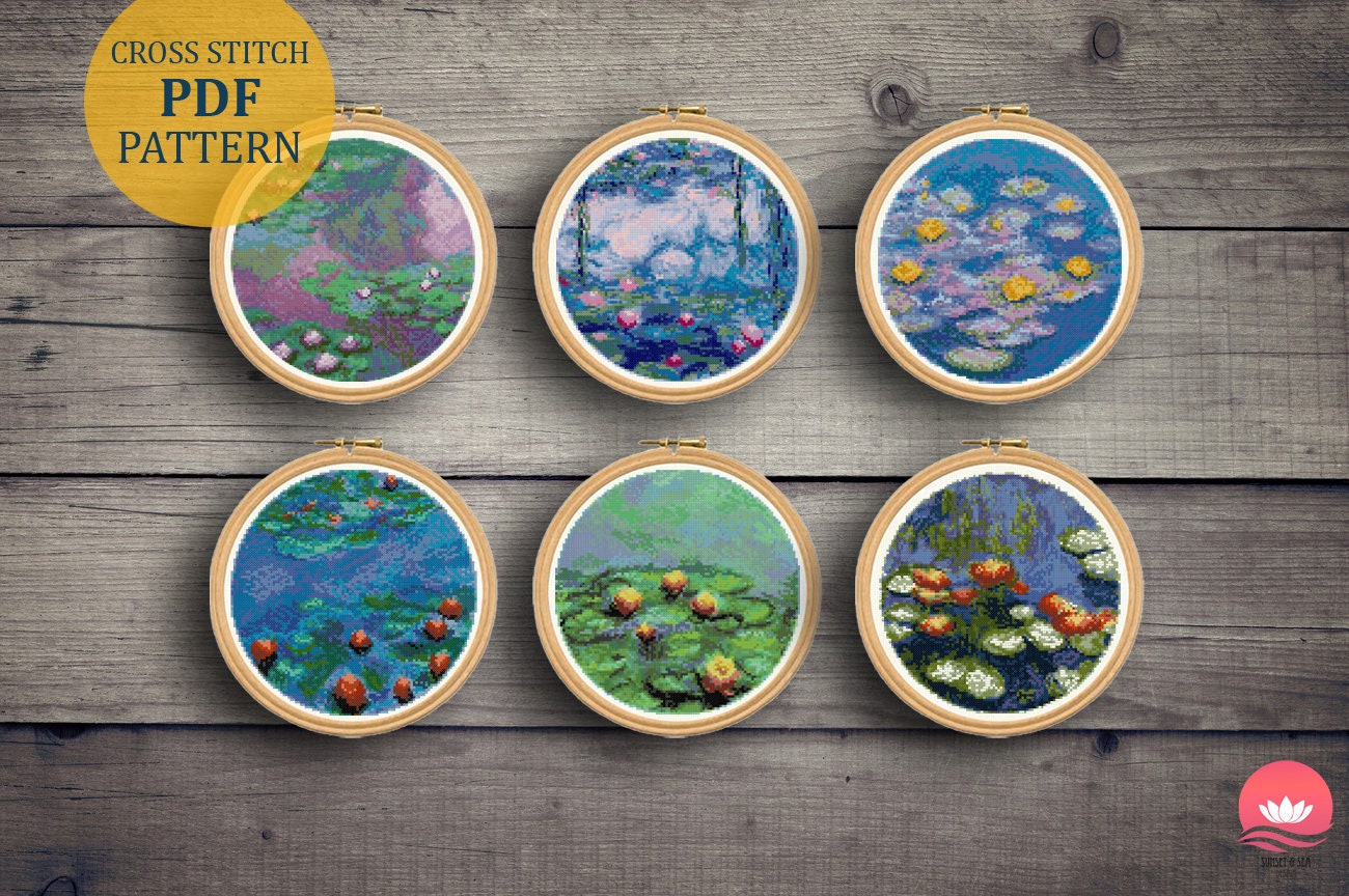 6 Claude Monet Water Lilies Cross Stitch Patterns Set. Monet Famous Painting Water Lilies Embroidery. Floral Xstitch. Waterlily Monet Pdf