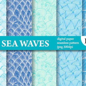 15 Abstract Waves Digital Papers. Patrones sin costuras del mar. Planificador, Tela, Papel pintado, Envoltura de regalo, Papelería, Tarjeta. Papel digital marino