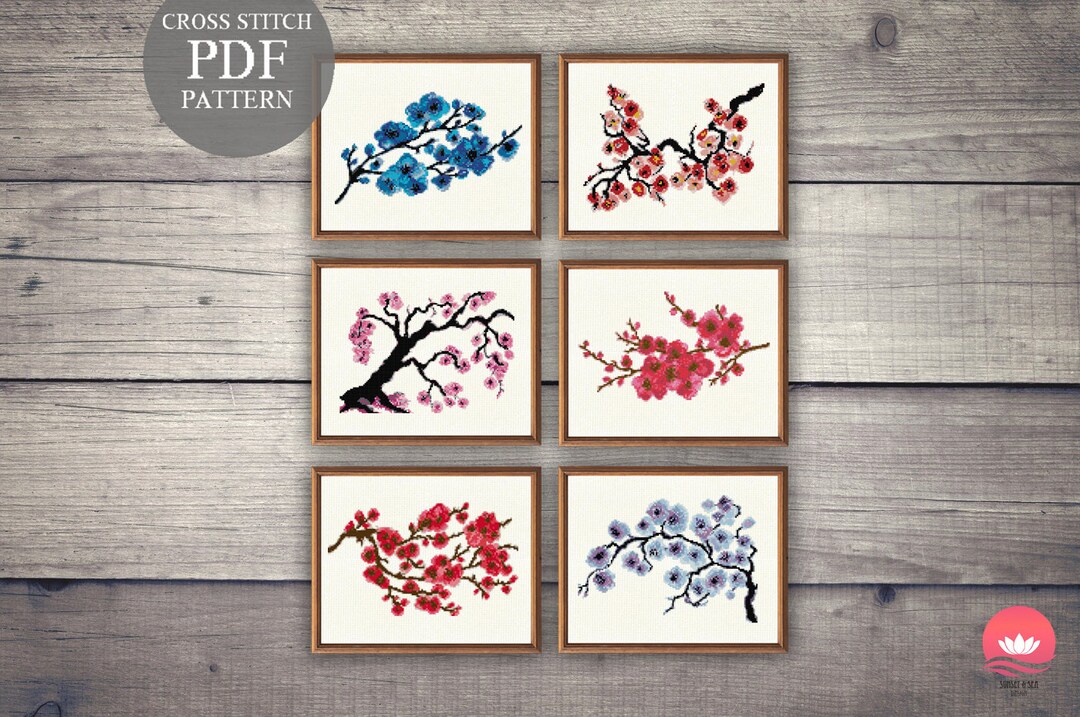 6 Sakura Cross Stitch Patterns Set. Cherry Blossom Cross Stitch Pdf. Flower Design. Sakura