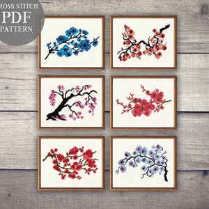 6 つの桜のクロスステッチ パターン セット。桜のクロスステッチ PDF。花のデザイン。桜の日本刺繍 PDF