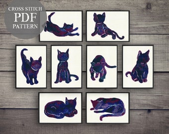 8 Cat Cross Stitch Pattern Set. Cat Cross Stitch Pdf. Modern Counted Stitch Pattern. Cat Feline Kitty Kitten Design. Pdf Instant Download