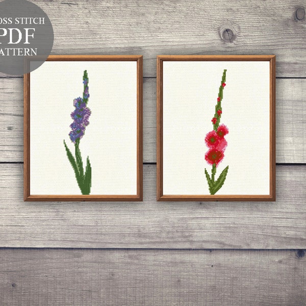 2 Gladiolus Cross Stitch Patterns. Flower Cross Stitch Pdf. Modern Counted Stitch Pattern. Flower Bouquet Design. Pdf Instant Download